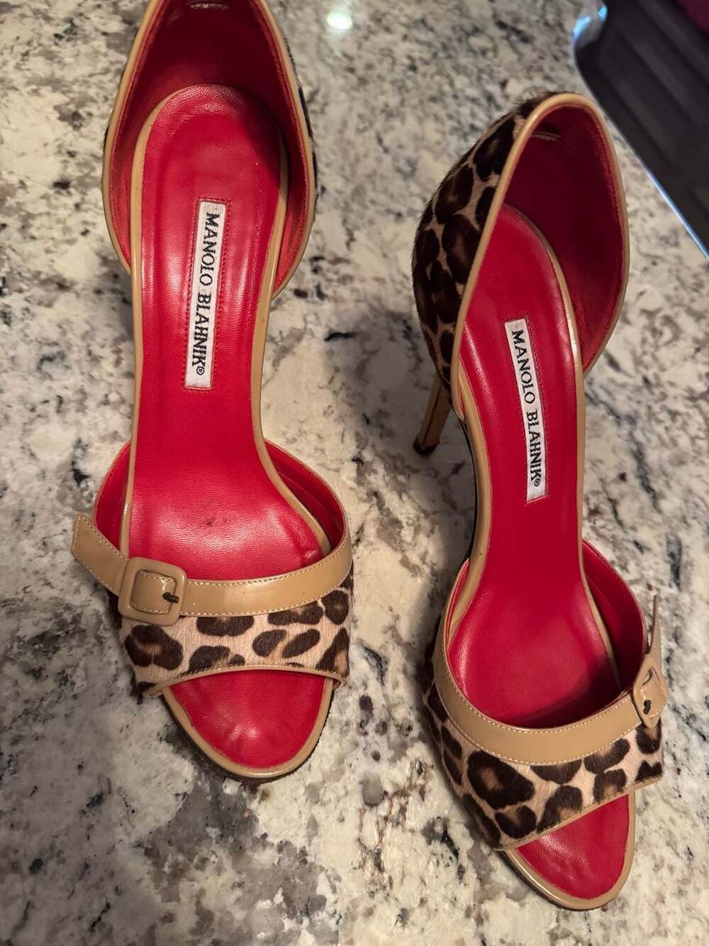 Manolo Blahnik Leopard Print Calf Hair D'Orsay Peep-Toe Stilettos with Buckle - Picture 3 of 7